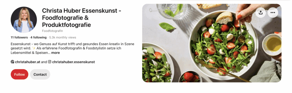 Pinterest Guide für Fotograf:innen: Screenshot vom Pinterest Profil von Christa Huber